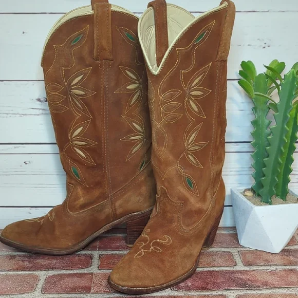 Vintage Acme Cowboy Cowgirl Boots 70's Women's 9.5 Suede Inlay Cutouts Butterfly - Picture 5 of 16